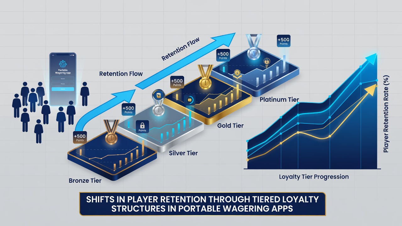 Analytics dashboard on a tablet showing player retention graphs segmented by loyalty tier levels over multiple months
